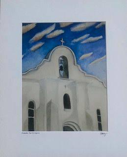 "San Eli with Sky" 14x11 Watercolor Print, Matted to 20x16, Artist Signed - Frame-Ready - Ysleta Mission Gift Shop