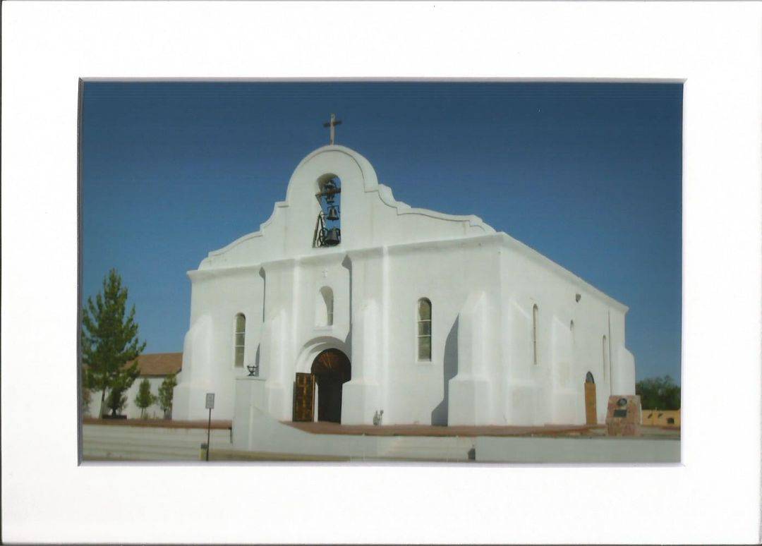 Matted 4x6 San Elizario Chapel photo print by Miguel Martinez, featuring detailed view of the historic chapel in El Paso.