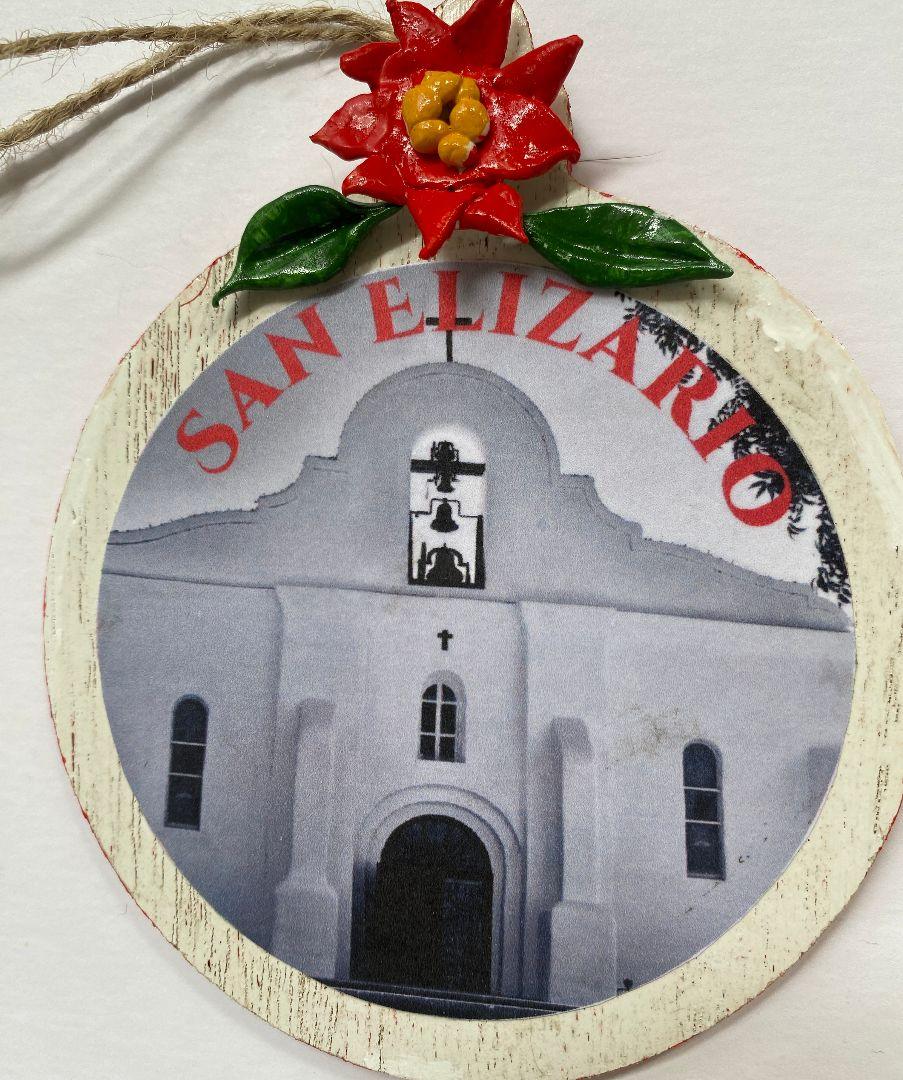 San Elizario photo with poinsettia in bas relief, holiday Christmas ornament by Susan W Perez, seasonal holiday decoration image