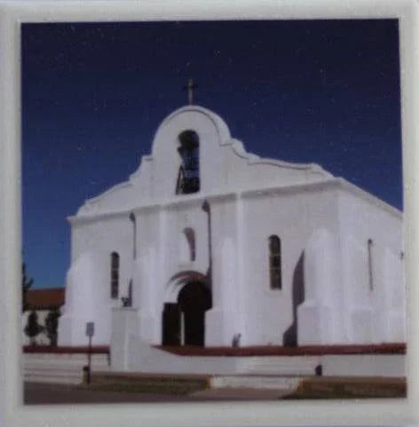 San Elizario White Coaster – Ceramic with Cork Backing 4" x 4" - Ysleta Mission Gift Shop