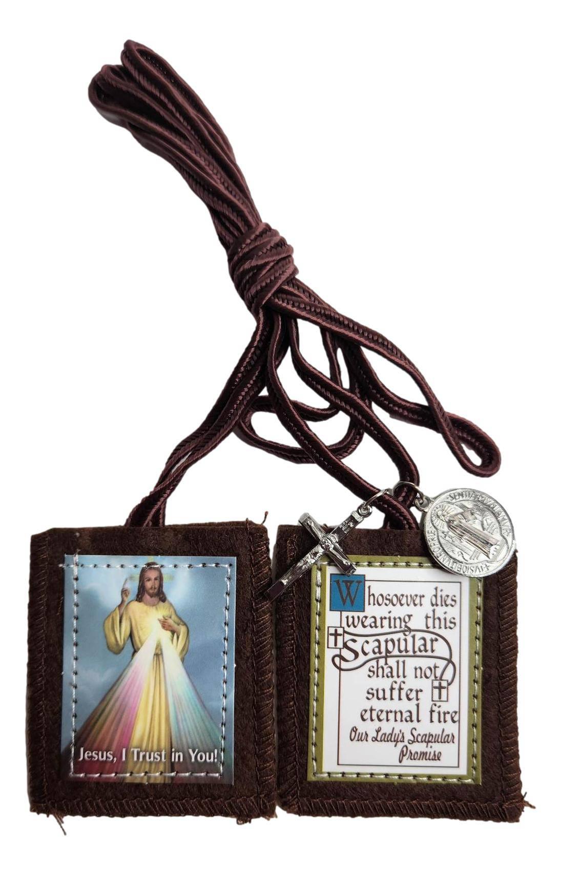 Scapular Divine Mercy Brown Medal Cross Felt Cloth Metal - Ysleta Mission Gift Shop