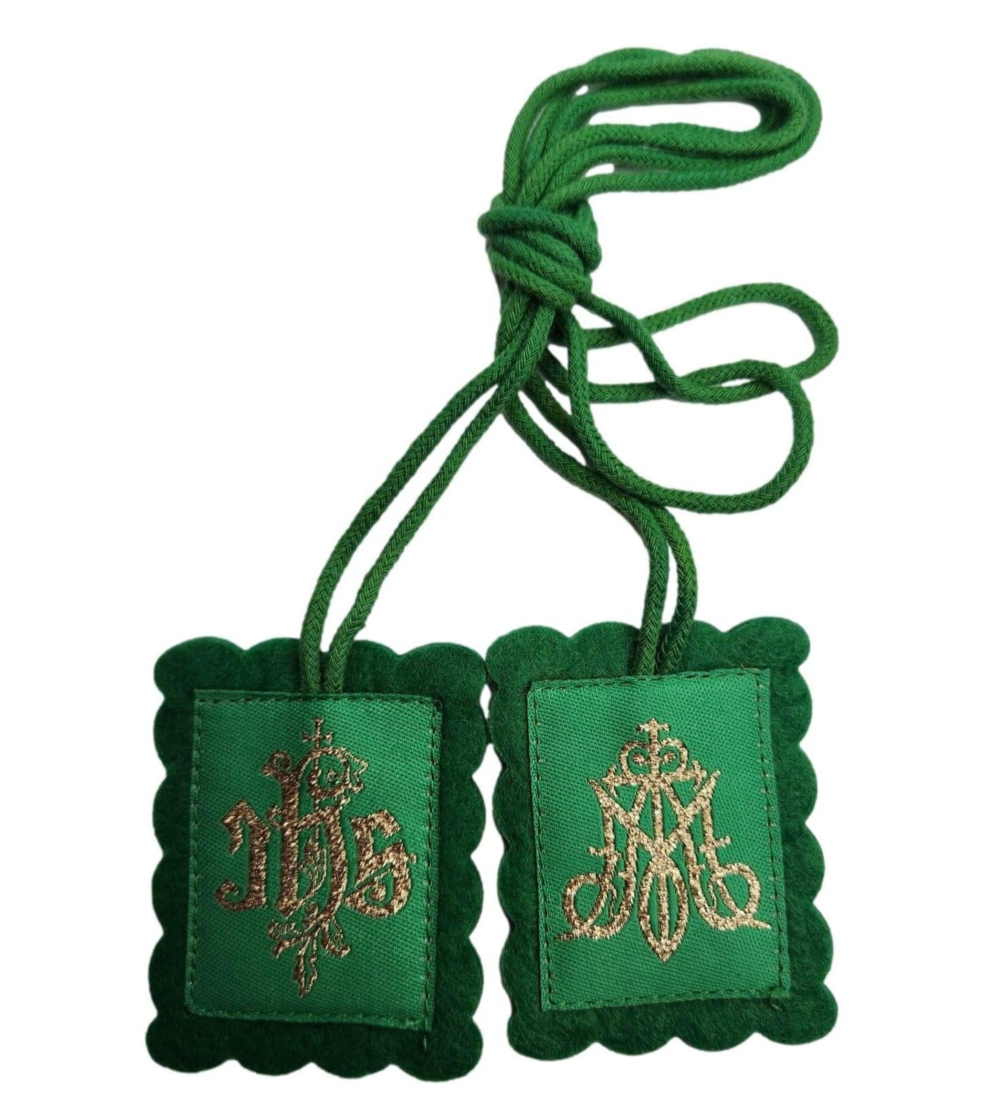Scapular IHS Marian Symbol Green Wool Embroided - Ysleta Mission Gift Shop