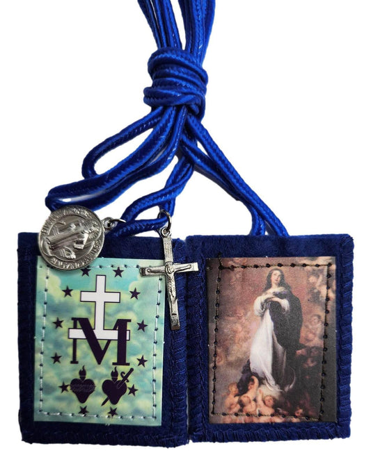 Scapular Immaculate Conception Blue Medal a Cross Felt Cloth Metal - Ysleta Mission Gift Shop