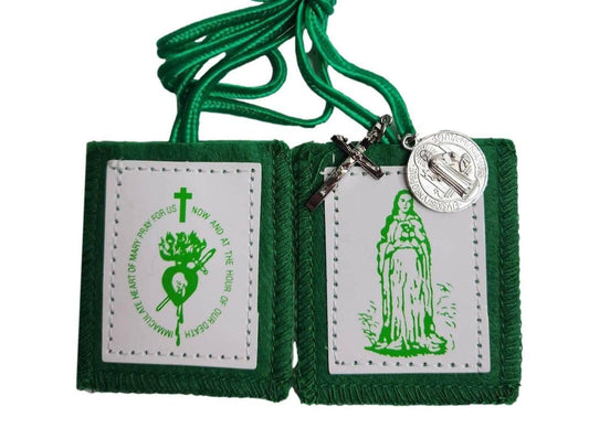 Scapular Immaculate Heart Mary Green with Medal a Cross Felt Cloth Metal - Ysleta Mission Gift Shop