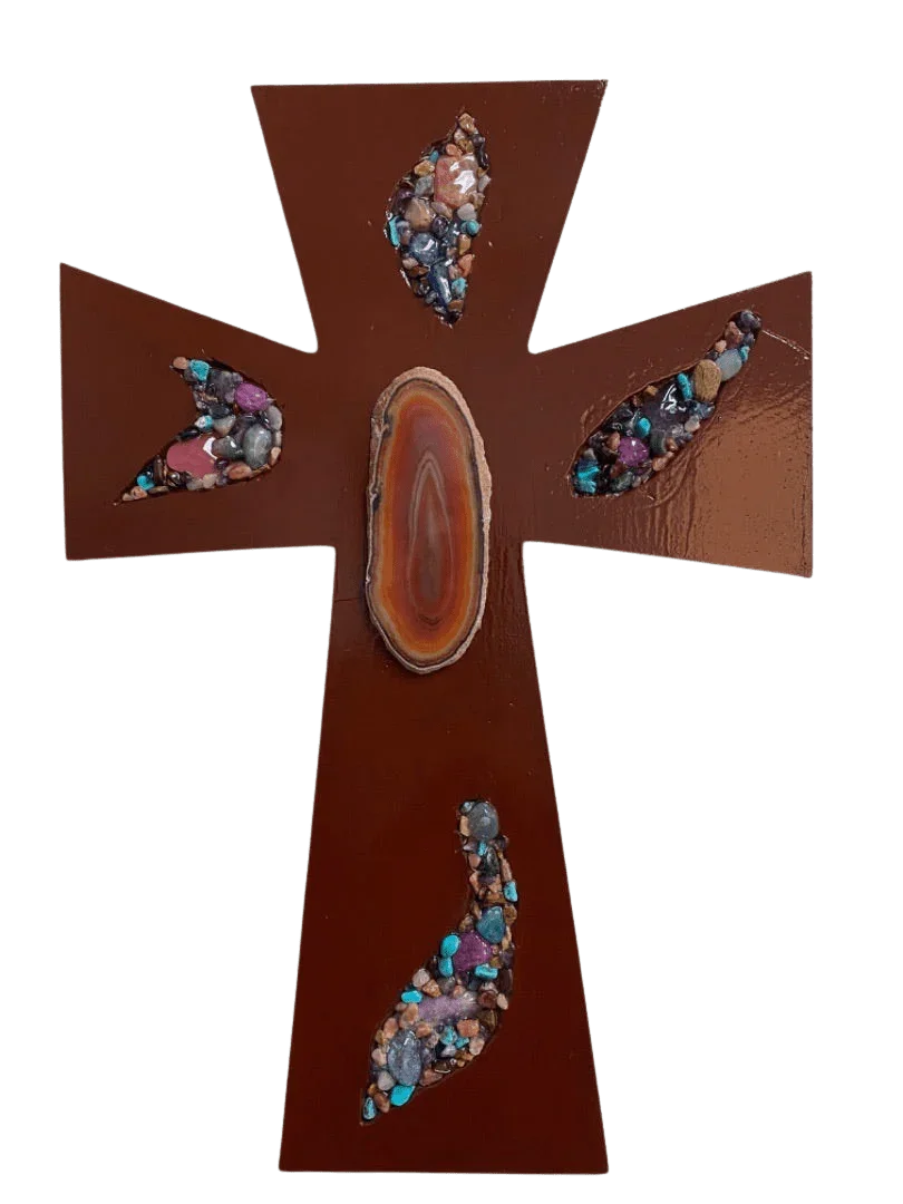 Semiprecious Stones & Geode Resin Cross – Wood Backing - Ysleta Mission Gift Shop