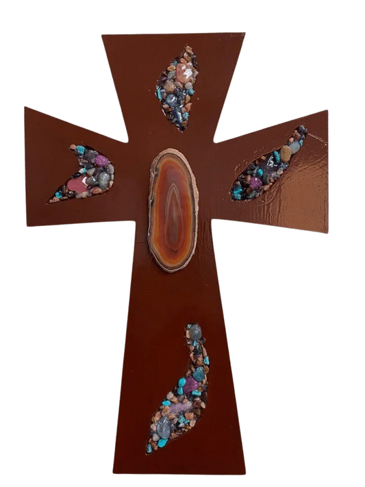 Semiprecious Stones & Geode Resin Cross – Wood Backing - Ysleta Mission Gift Shop