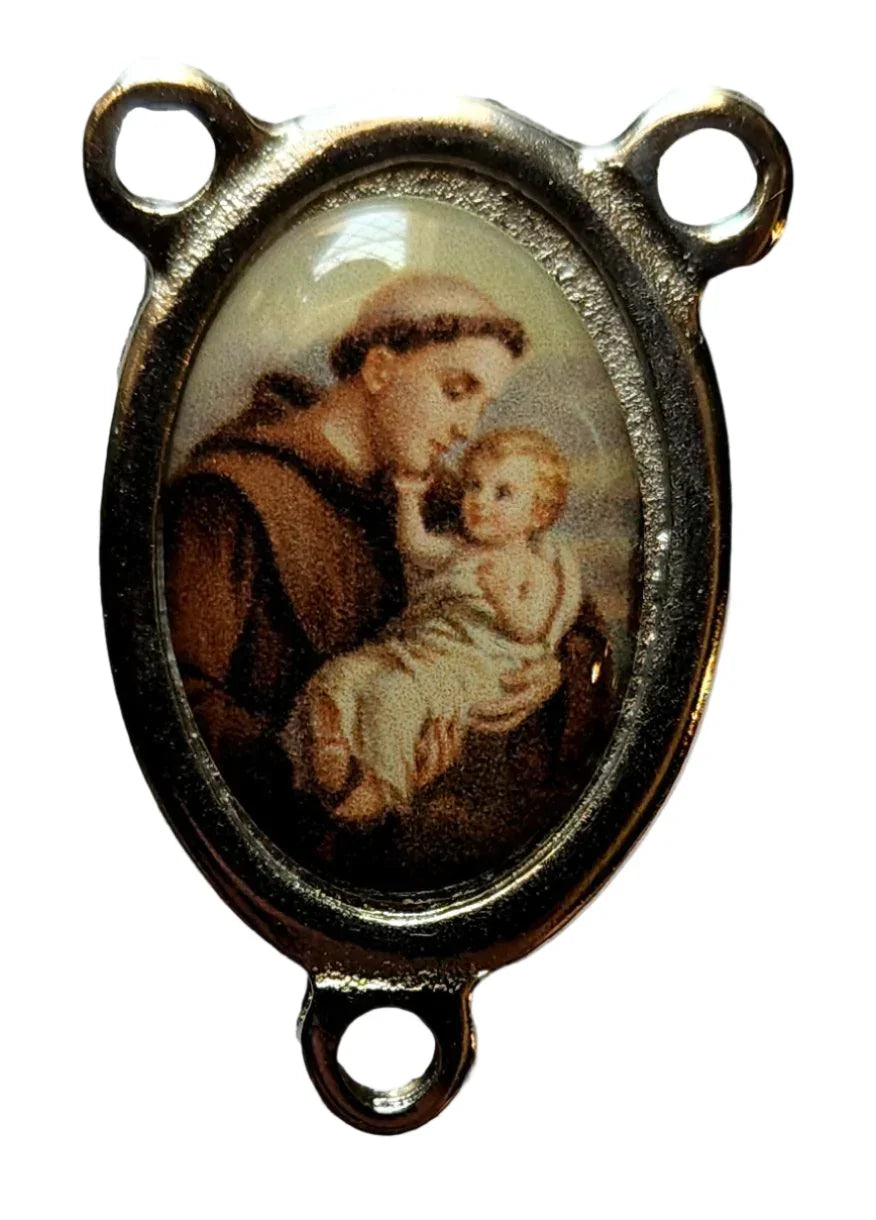 Silver Saint Anthony rosary center, Catholic prayer bead connector for handmade rosaries, featuring detailed religious design.