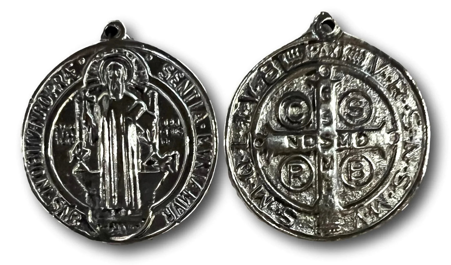 Small Saint Benedict Medal in pewter, compact Catholic faith token, 2 x 1.75 inches, Christian gift by Sylvia Moriel.