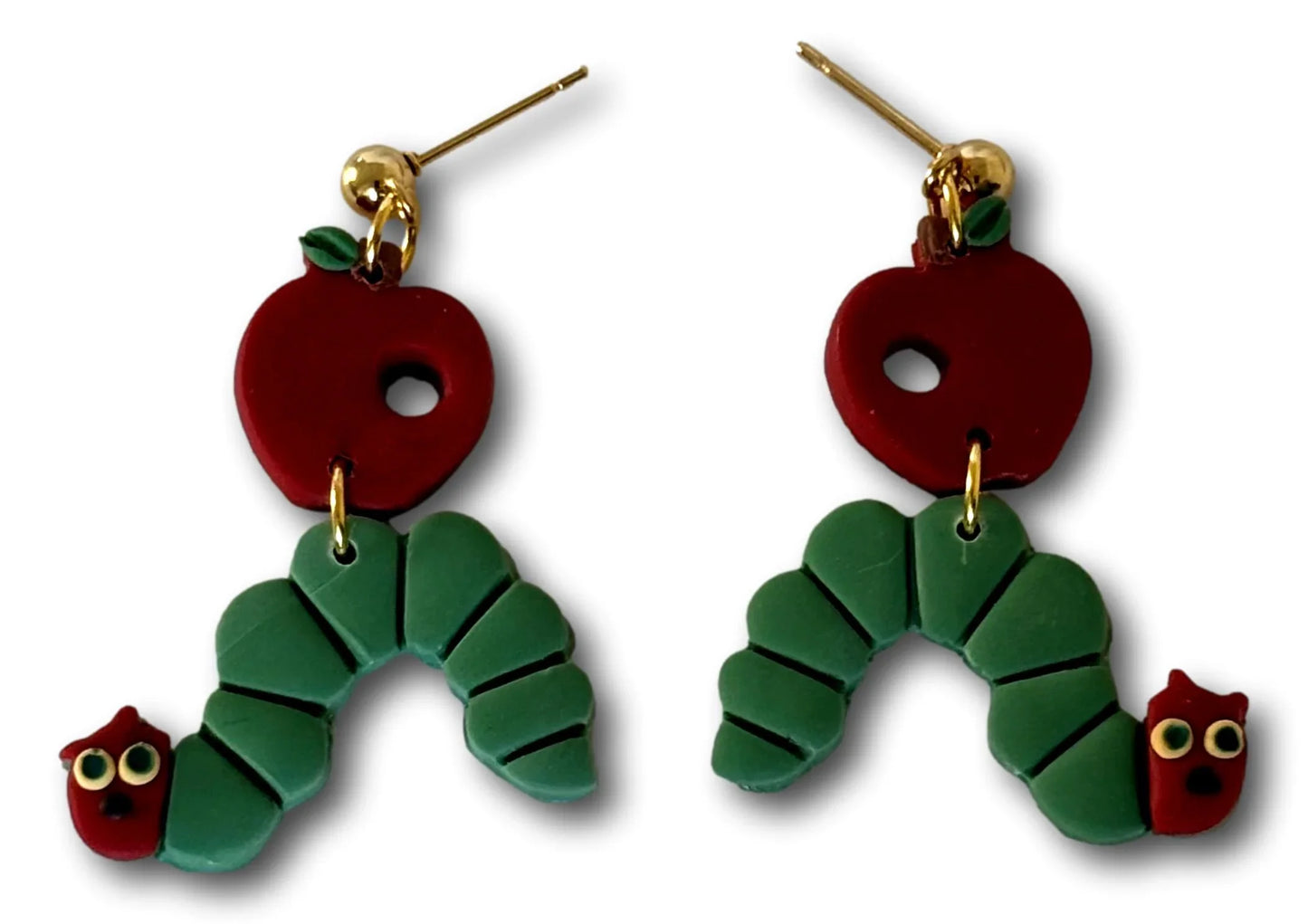 Melissa Cortinas teacher apple caterpillar dangle earrings in polymer clay, 2x1 inches with 18k gold-plated stud posts.