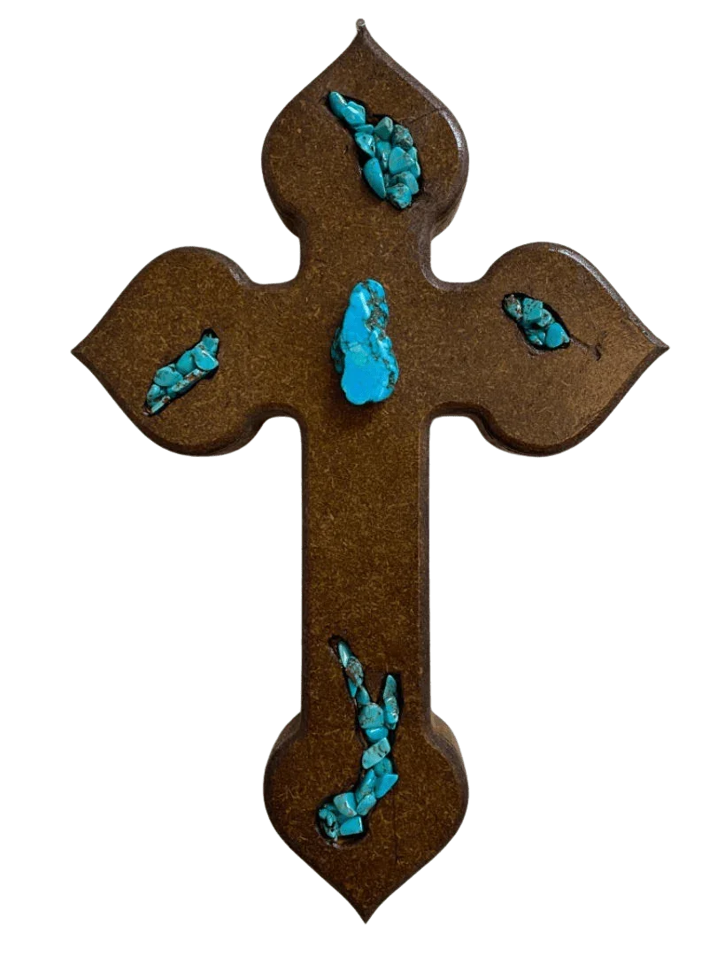 Turquoise Inlaid Resin Cross – Wood Backing - Ysleta Mission Gift Shop