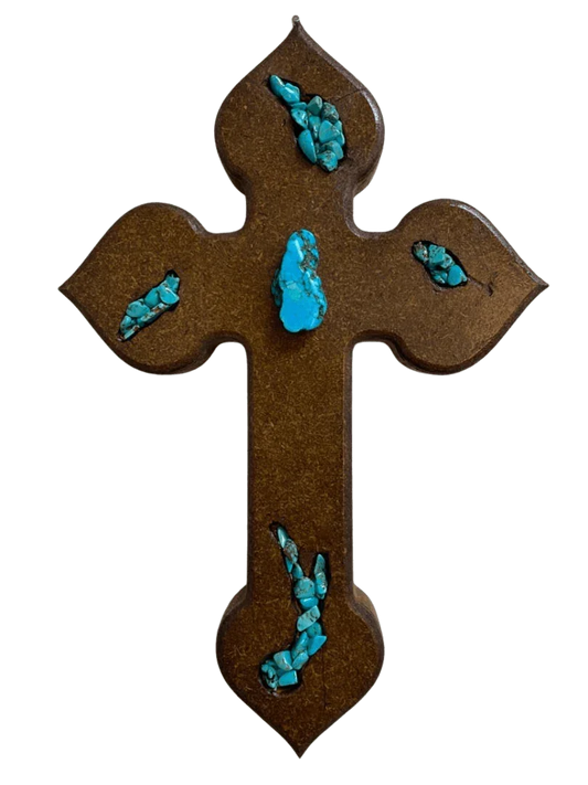 Turquoise Inlaid Resin Cross – Wood Backing - Ysleta Mission Gift Shop