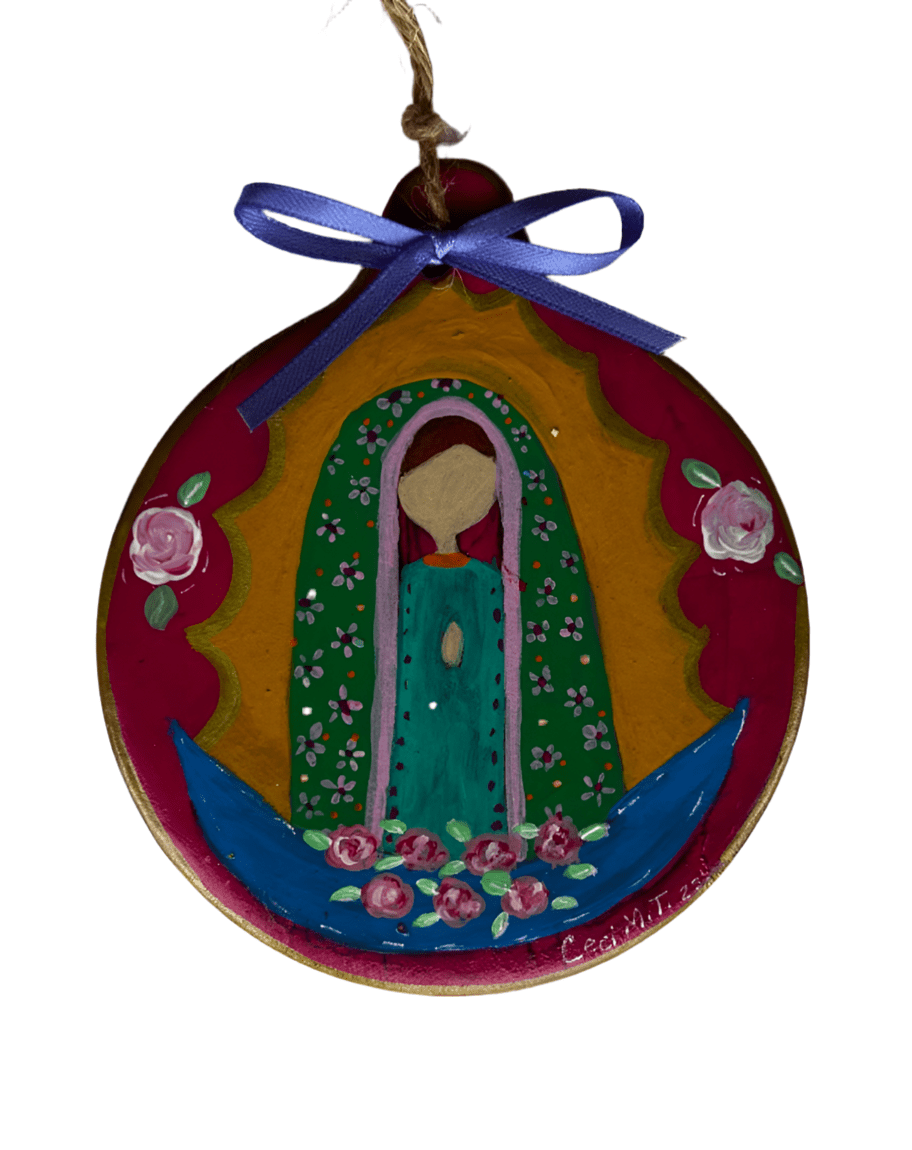 Virgen Mary Ornament – 4" Handcrafted Ceramic with Acrylic Design - Ysleta Mission Gift Shop