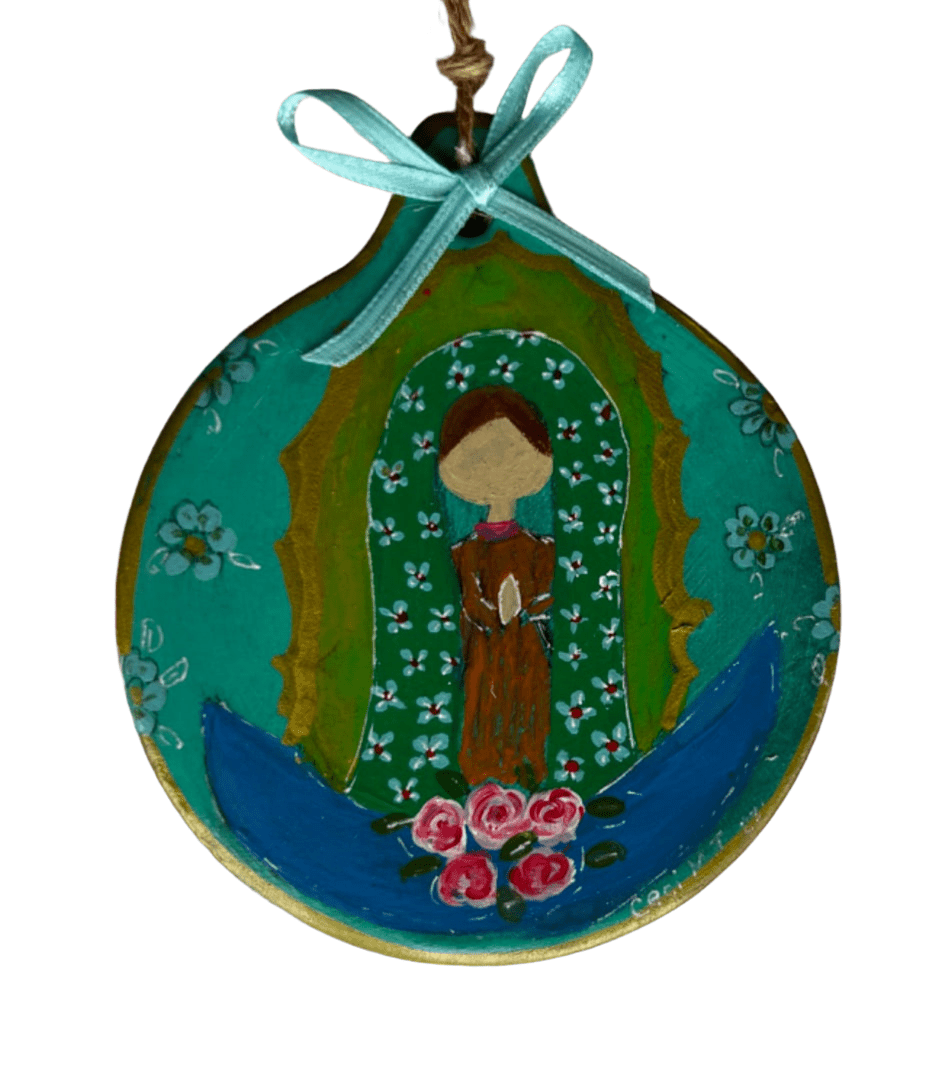 Virgen Mary Ornament – 4" Handcrafted Ceramic with Acrylic Design - Ysleta Mission Gift Shop