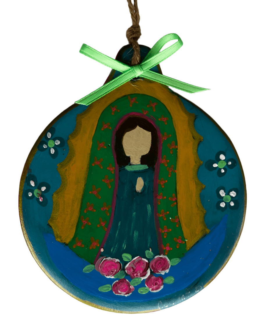 Virgen Mary Ornament – 4" Handcrafted Ceramic with Acrylic Design - Ysleta Mission Gift Shop