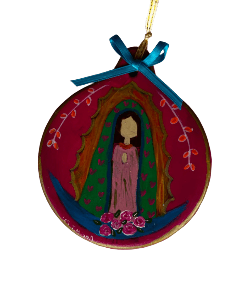 Virgen Mary Ornament – 4" Handcrafted Ceramic with Acrylic Design - Ysleta Mission Gift Shop