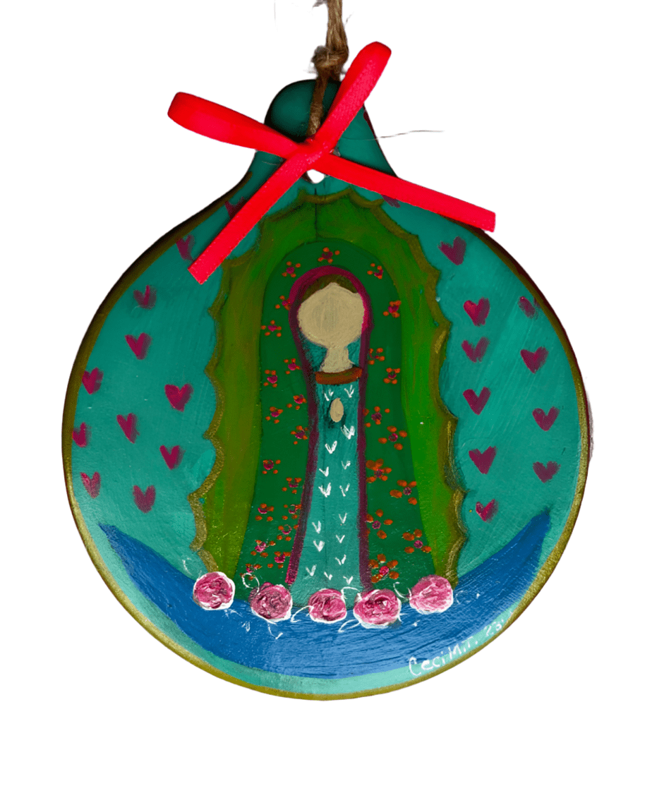 Virgen Mary Ornament – 4" Handcrafted Ceramic with Acrylic Design - Ysleta Mission Gift Shop