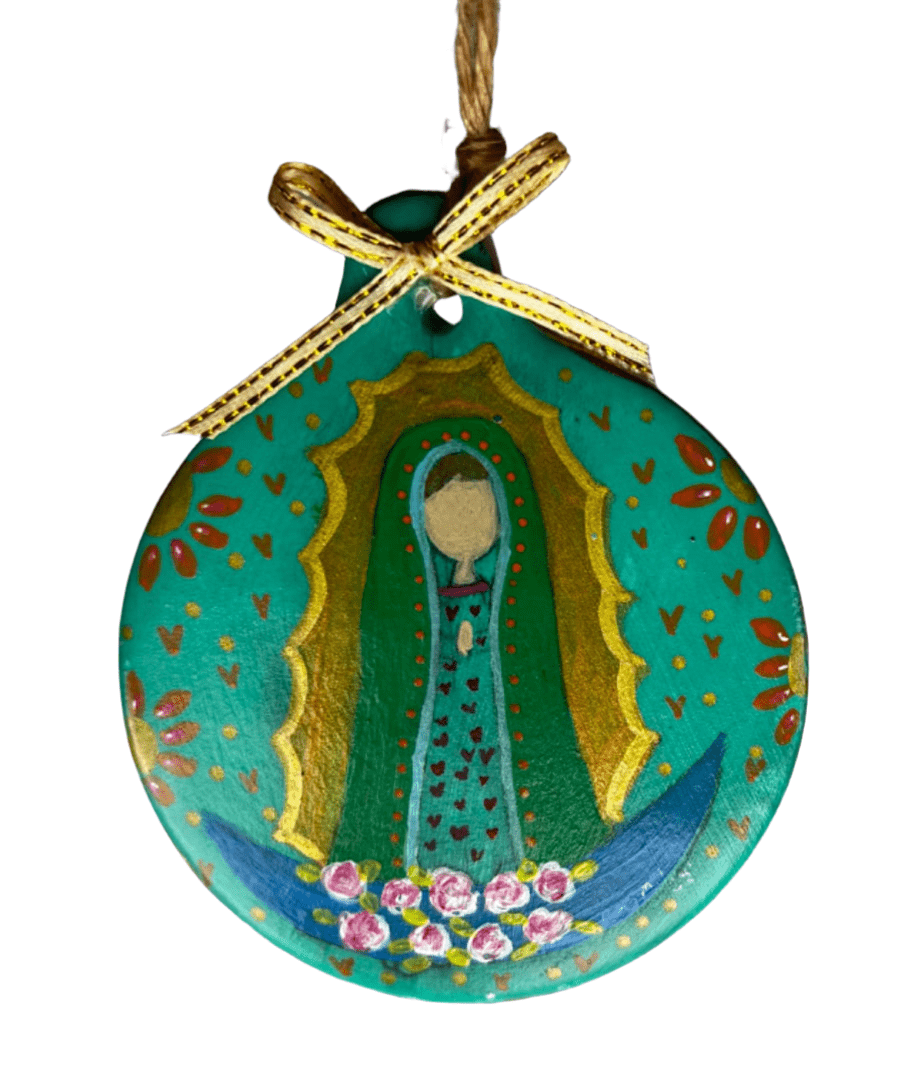 Virgen Mary Ornament – 4" Handcrafted Ceramic with Acrylic Design - Ysleta Mission Gift Shop