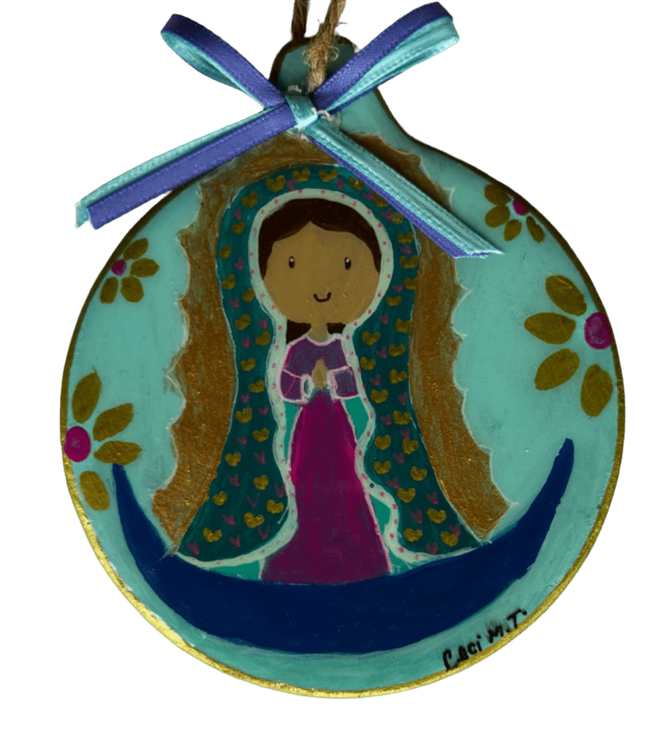 Virgen Mary Ornament – 4" Handcrafted Ceramic with Acrylic Design - Ysleta Mission Gift Shop