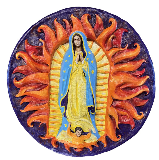 Wall Plaque Sculpted Plaster 3D Virgin Mary Flames of Holiness Handpainted 24" Circumference Indoor/Outdoor - Ysleta Mission Gift Shop