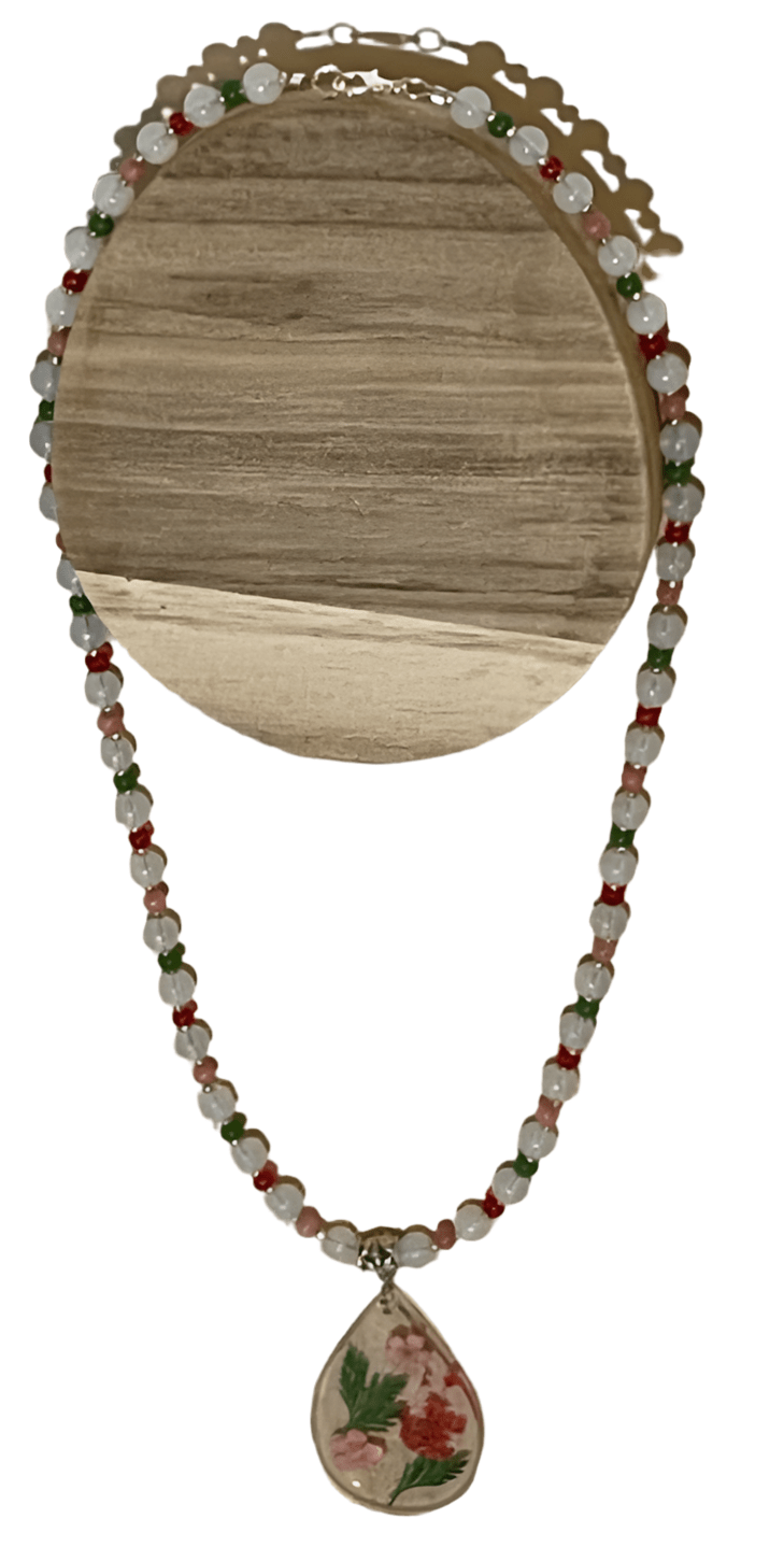 White Opalite & Pink Chalcedony Necklace - 20-Inch with Clear Resin Pendant & Dry Flowers - Ysleta Mission Gift Shop