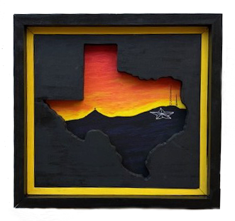 Wood Framed El Paso Sunset with Star & Mount Cristo Rey Cross 14.5 x 14 in - Ysleta Mission Gift Shop