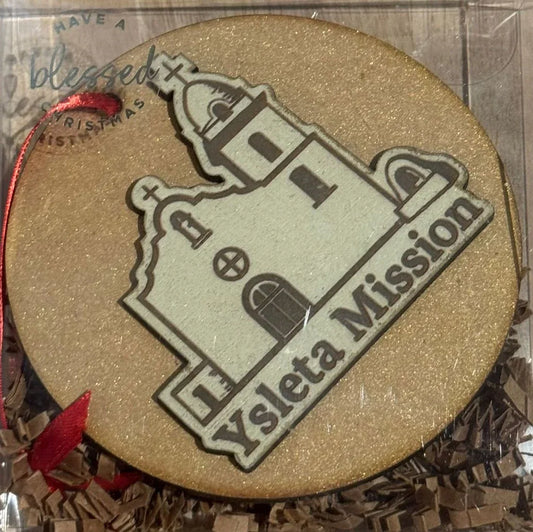 Wood laser-cut Christmas ornaments gift set featuring hummingbird, Ysleta Mission, nativity, and snowflake designs.