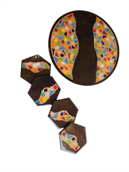 Wooden Serving Tray with Coasters – Resin Layered with Colorful Stones, 12" Tray with 4" Coasters - Ysleta Mission Gift Shop