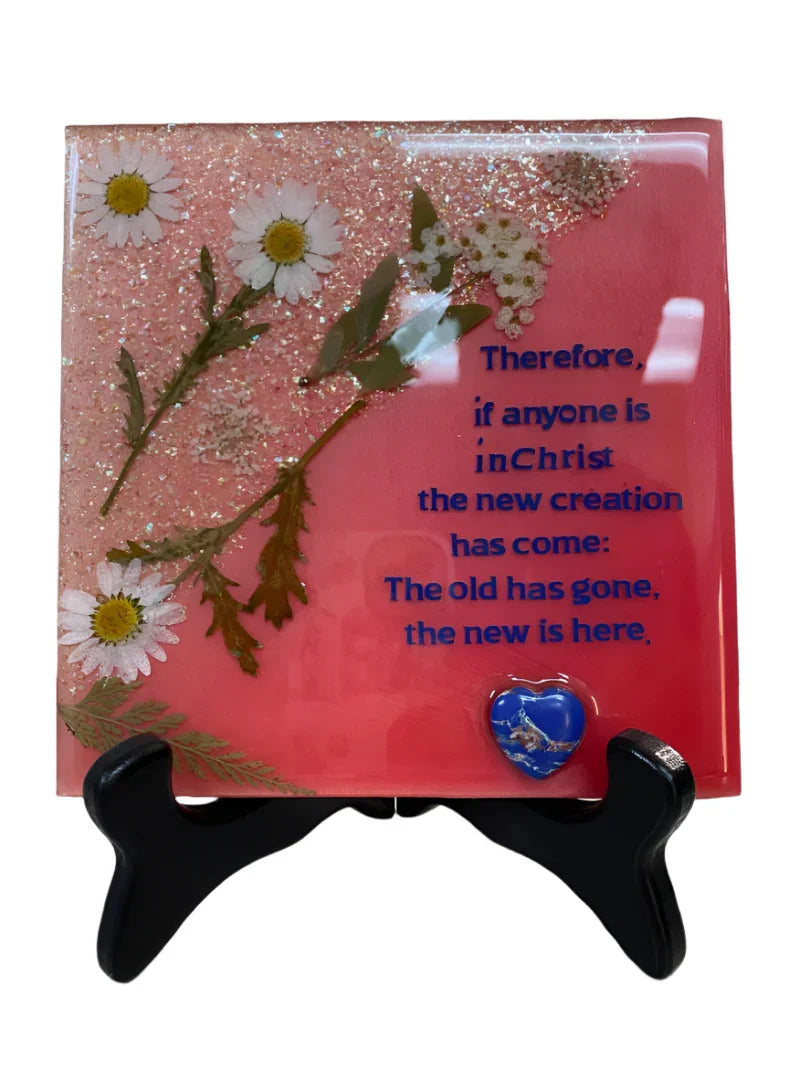 Catholic decorative plaque with real flowers, stand, and inspirational Bible verse, 4x4 inch devotional gift by Brigitte Rosson.