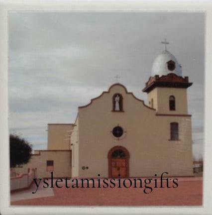 Ysleta Mission Grey Sky ceramic coaster with cork backing, 4x4 inches, designed by Miguel Martinez, part of El Paso souvenirs and gifts.