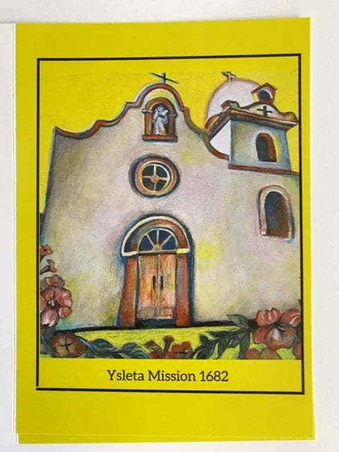 Yellow Ysleta Mission note card by Susan W Perez, 4x6 artist inspiration card stock, frameable El Paso souvenir stationery