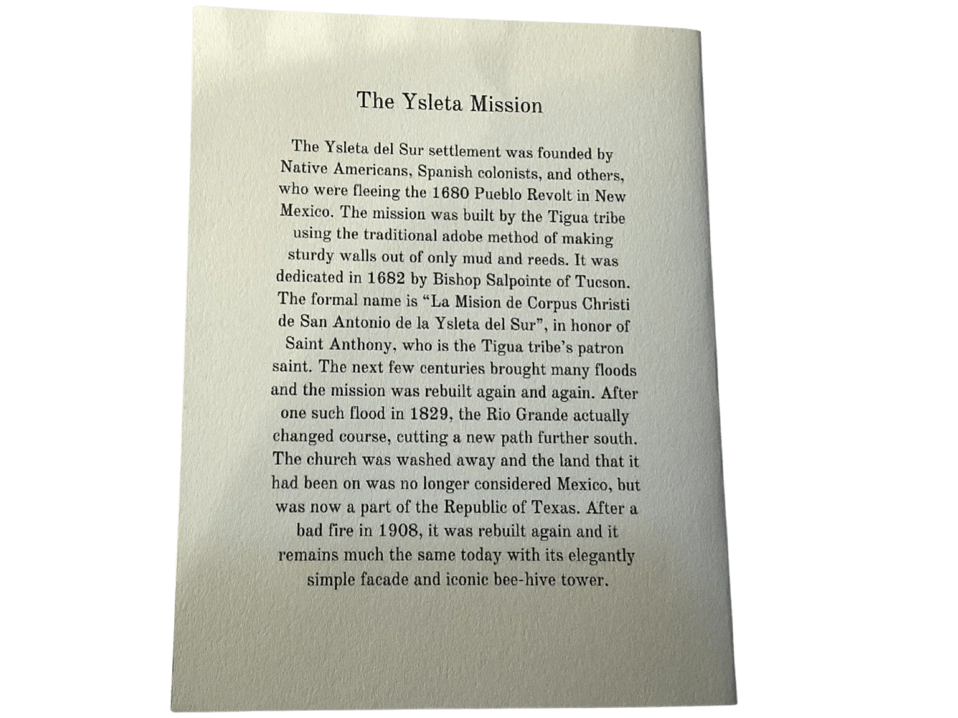 Ysleta Mission Note Card on Linen Paper - 4x6 Frameable Piece Celebrating Cultural Heritage - Ysleta Mission Gift Shop