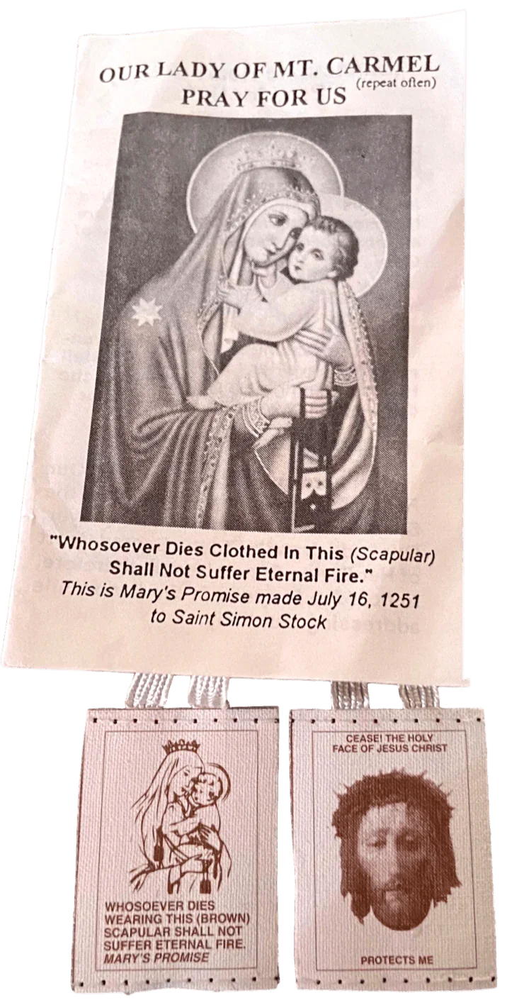 Scapular Our Lady of Mount Carmel White Wool and White Cord With Prayer Guide - Ysleta Mission Gift Shop