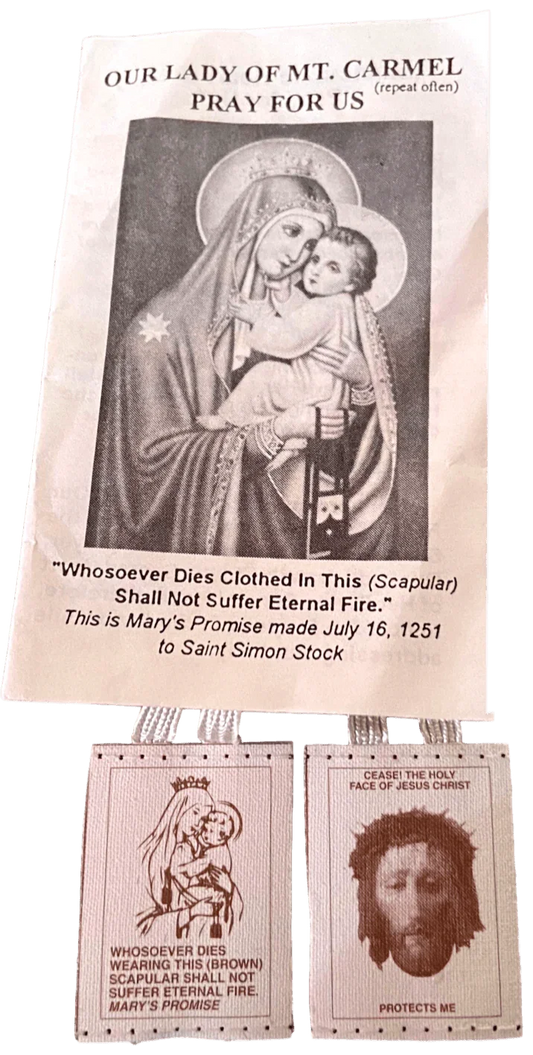 Scapular Our Lady of Mount Carmel White Wool and White Cord With Prayer Guide - Ysleta Mission Gift Shop