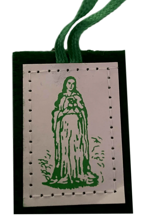 Scapular Immaculate Mother Mary Single Badge Stitched Green Wool With Green Cord - Ysleta Mission Gift Shop