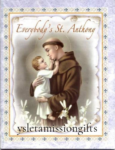 Book cover of Everybody's St. Anthony devotional featuring saint holding child surrounded by white lilies