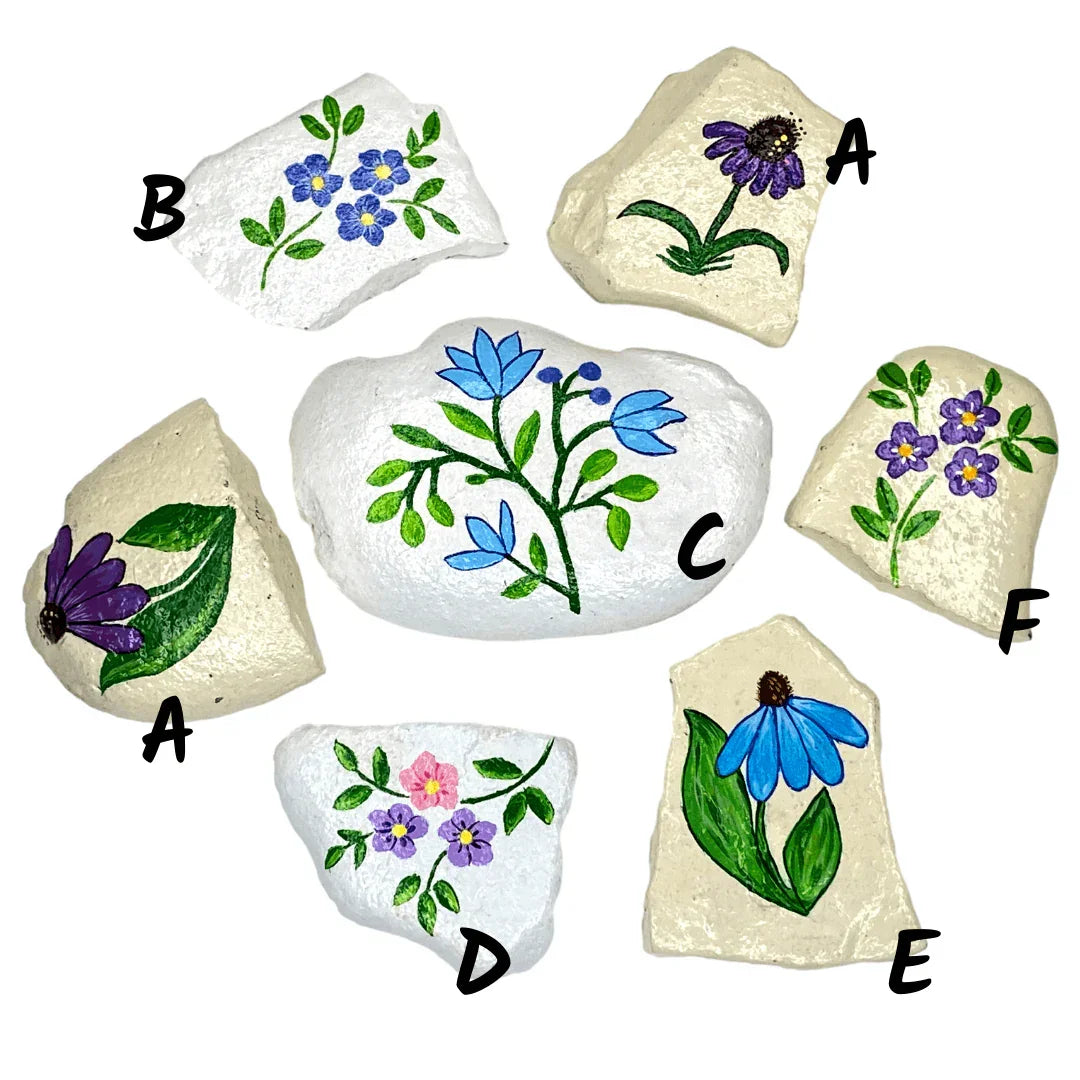 Paperweights River Rocks Various Flower Designs Handpainted - Ysleta Mission Gift Shop
