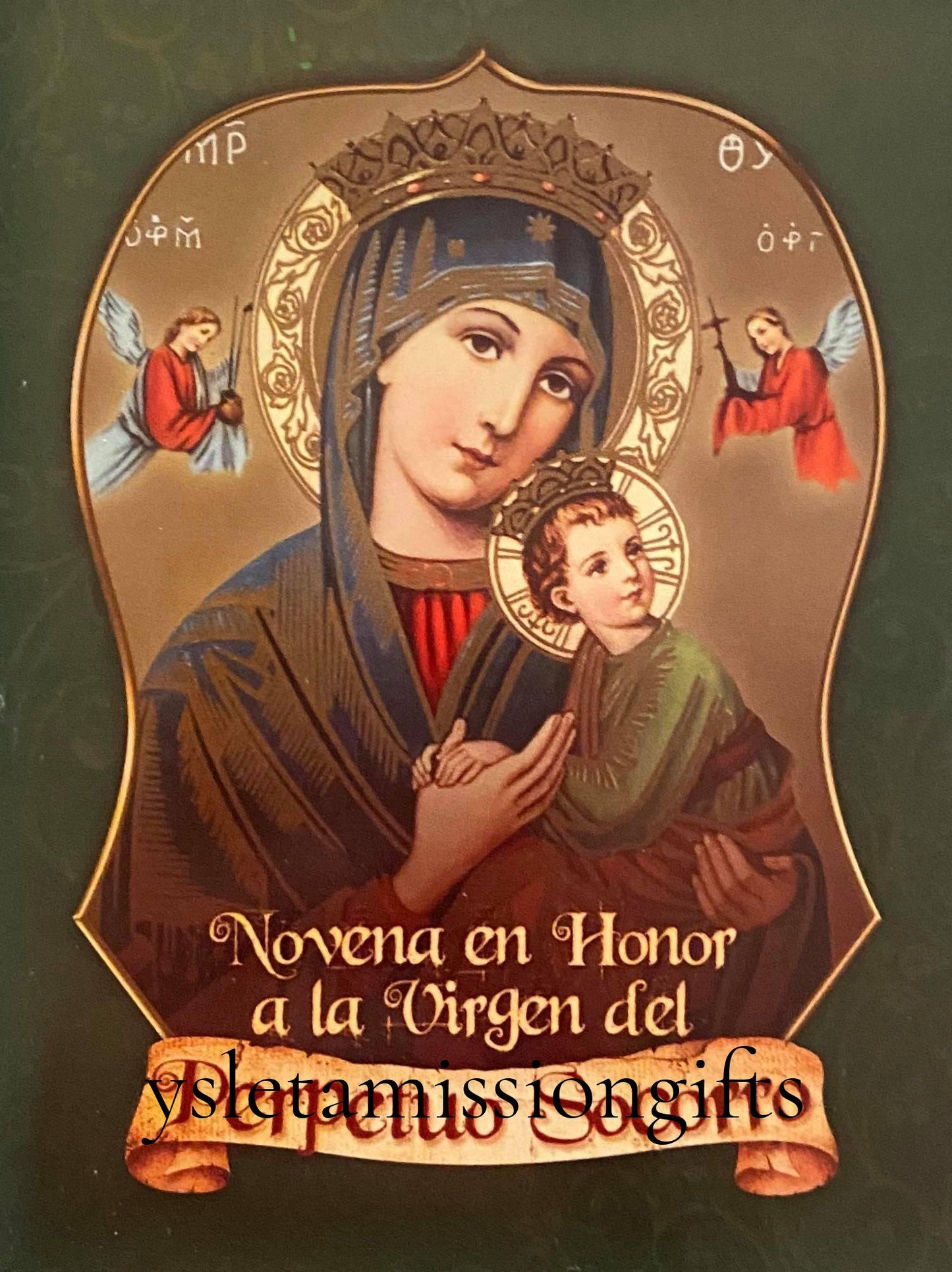 Religious image of Virgin Mary and baby Jesus with crowns, two angels, and text honoring Virgen del Perpetuo Socorro