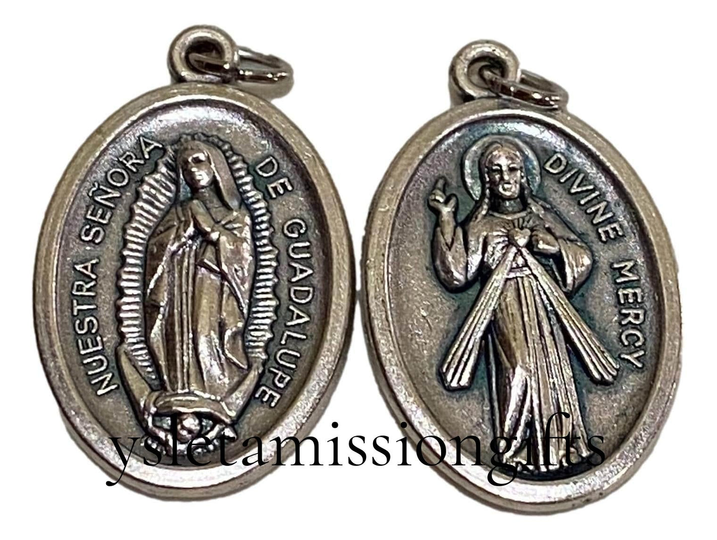Double-sided oxidized silver religious medal featuring Nuestra Senora de Guadalupe and Divine Mercy images
