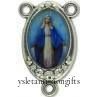 Silver Our Lady of the Miraculous Medal with blue enamel background and loop connectors.