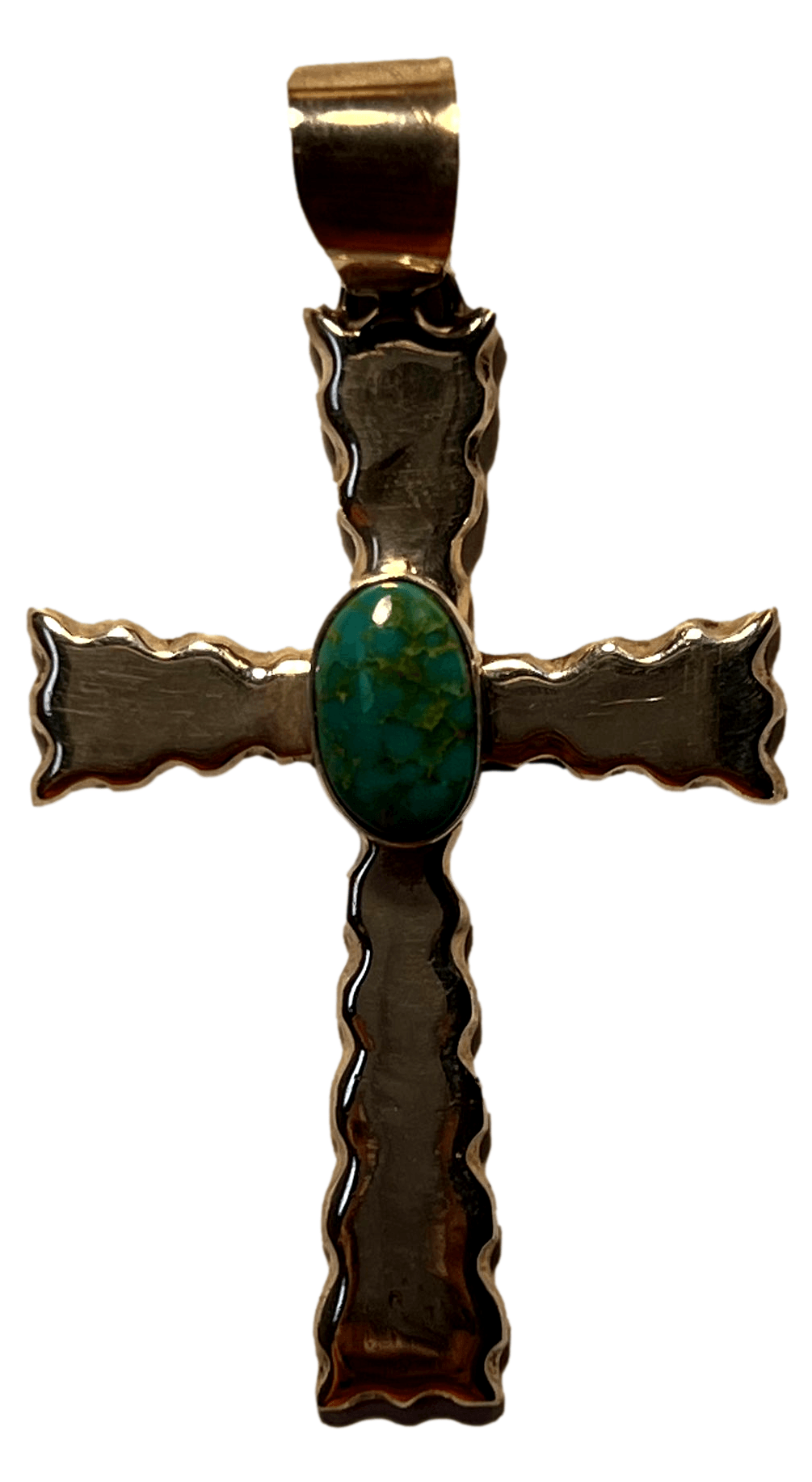 Pendant Cross Sterling Silver Handcrafted Skilled Native American Artisans 2 H Inch Jigsaw Edge Turquoise Center - Ysleta Mission Gift Shop- VOTED El Paso's Best Gift Shop