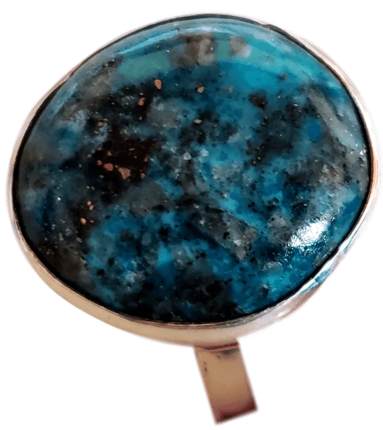 Handcrafted Native American Sterling Silver Ring with Dark Turquoise – Signed by Artist Ray Duck (Size 13) - Ysleta Mission Gift Shop