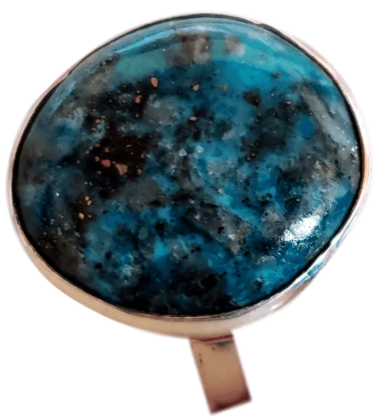 Handcrafted Native American Sterling Silver Ring with Dark Turquoise – Signed by Artist Ray Duck (Size 13) - Ysleta Mission Gift Shop
