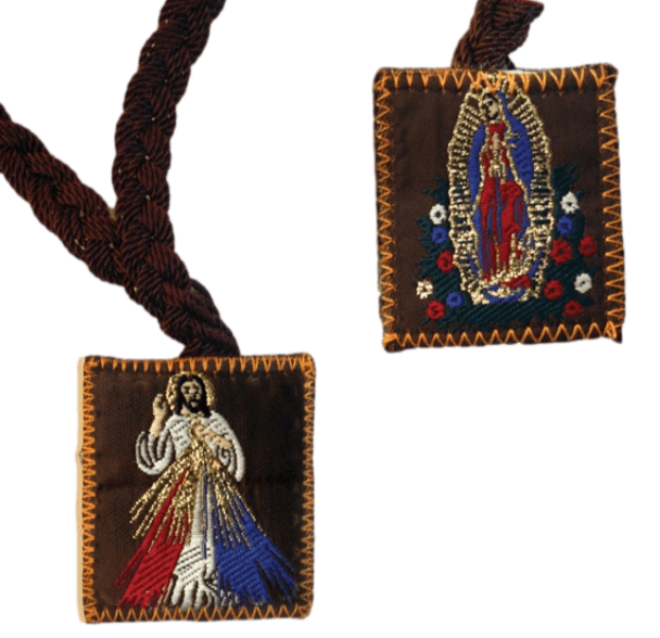Double-sided religious scapular with Divine Mercy and Our Lady of Guadalupe designs on brown fabric with braided cord