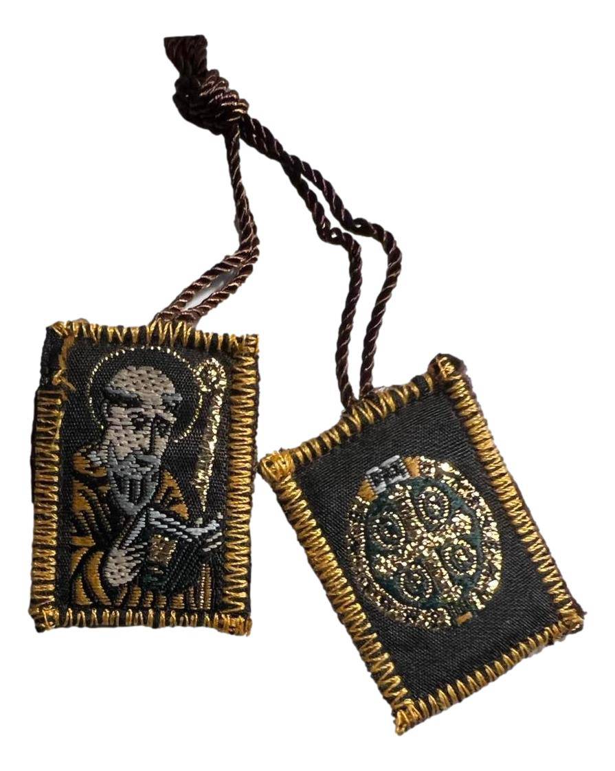 Brown wool scapular with Saint Benedict medal embroidery and gold-thread detailing