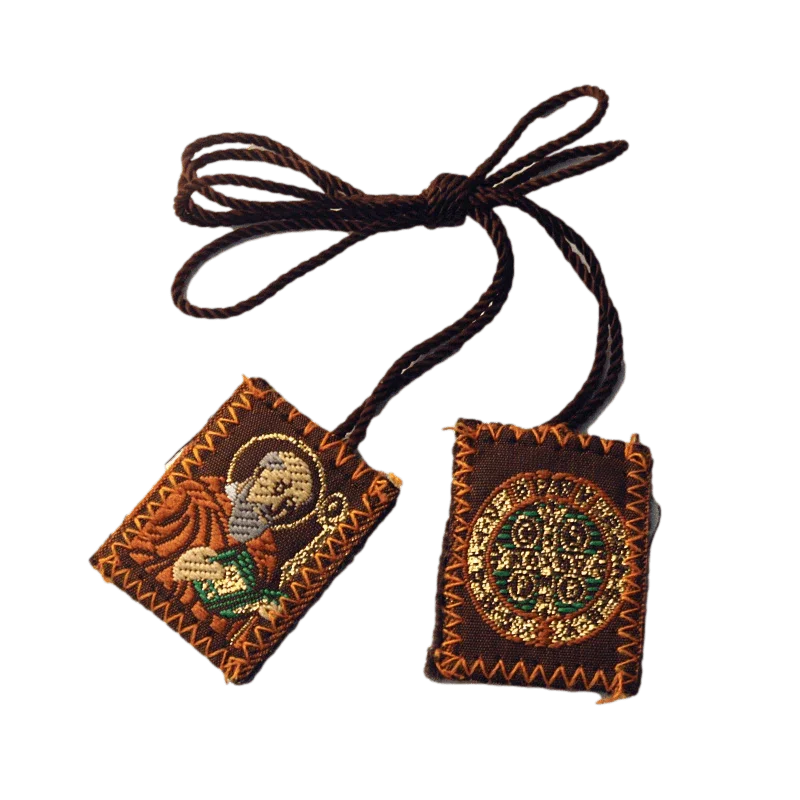 Scapular Saint Benedict & l Two Badges Brown Wool Backing Cord - Ysleta Mission Gift Shop