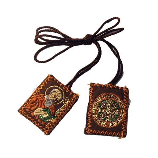 Scapular Saint Benedict & l Two Badges Brown Wool Backing Cord - Ysleta Mission Gift Shop