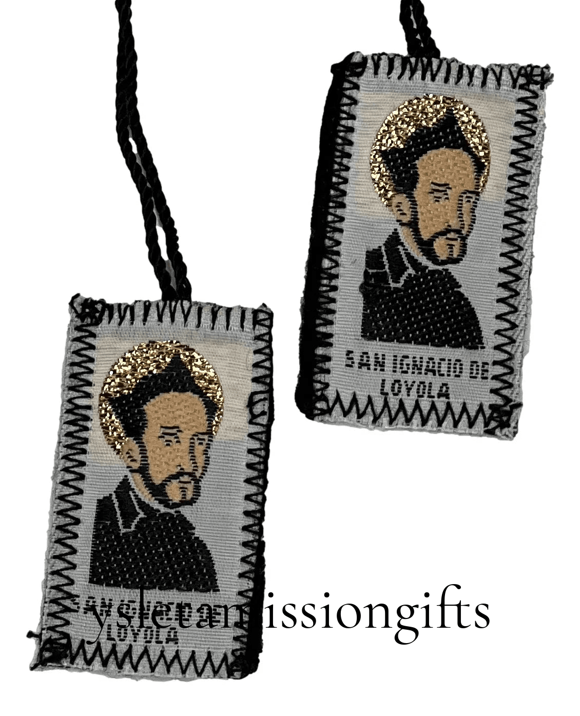 White cotton scapular with black wool backing and cord, featuring Catholic Saint Ignacio de Loyola, 1 x 1.25 inches.