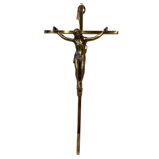 Bronze-tone 10-inch Catholic crucifix with minimalist design, featuring a Christian cross and Jesus figure, suitable for religious decor.