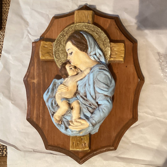Wood wall plaque featuring Mary and Jesus, Catholic Christian devotional artwork, 11-inch religious gift from Ysleta Mission Gift Shop.