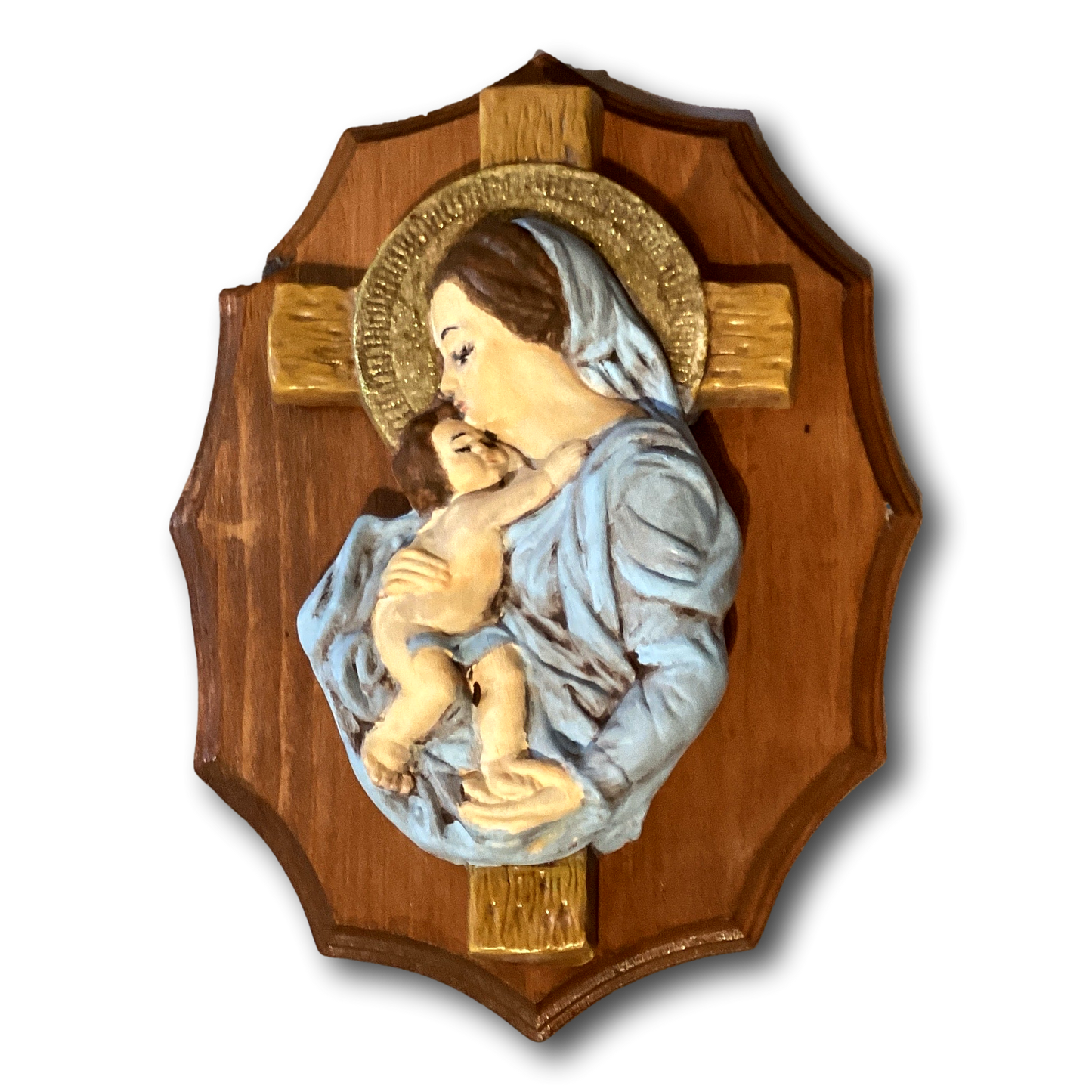 Wood wall plaque featuring Mary and Jesus, 11-inch Catholic devotional Christian gift with religious imagery.